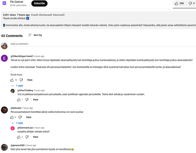 Comments section for a Finnish news channel