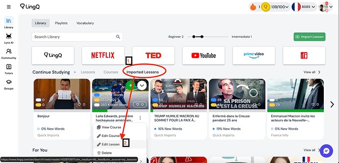 LingQ Library Imported Lessons with Edit Lesson menu
