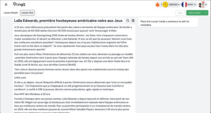 LingQ Lesson Text tab with lesson content